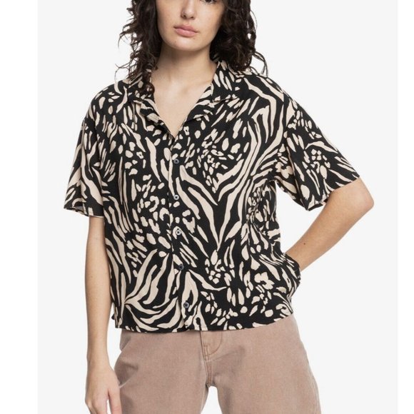 $55 Quiksilver Women’s Sunny Ride Short Sleeve Shirt Safari Black Size L - Picture 1 of 5